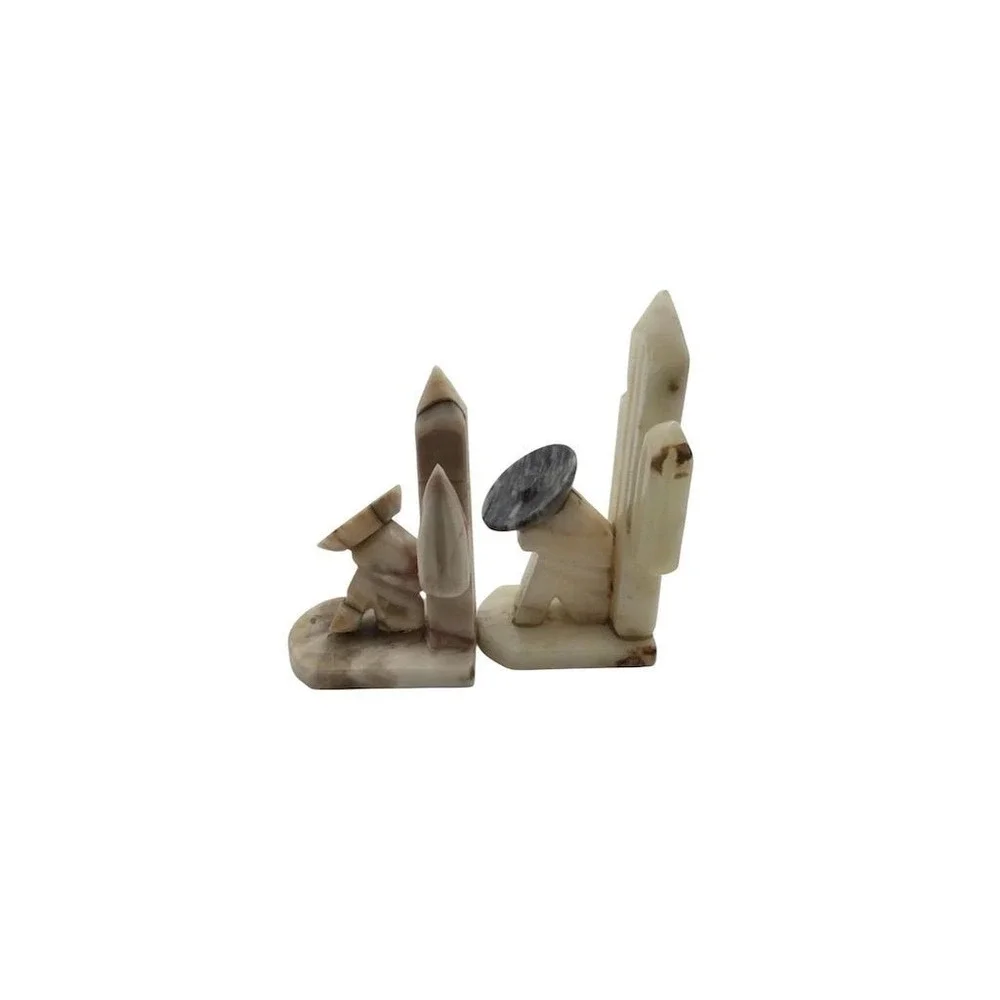 Vintage Carved Onyx Stone‎ Bookends Mexican Siesta & Cactus Design